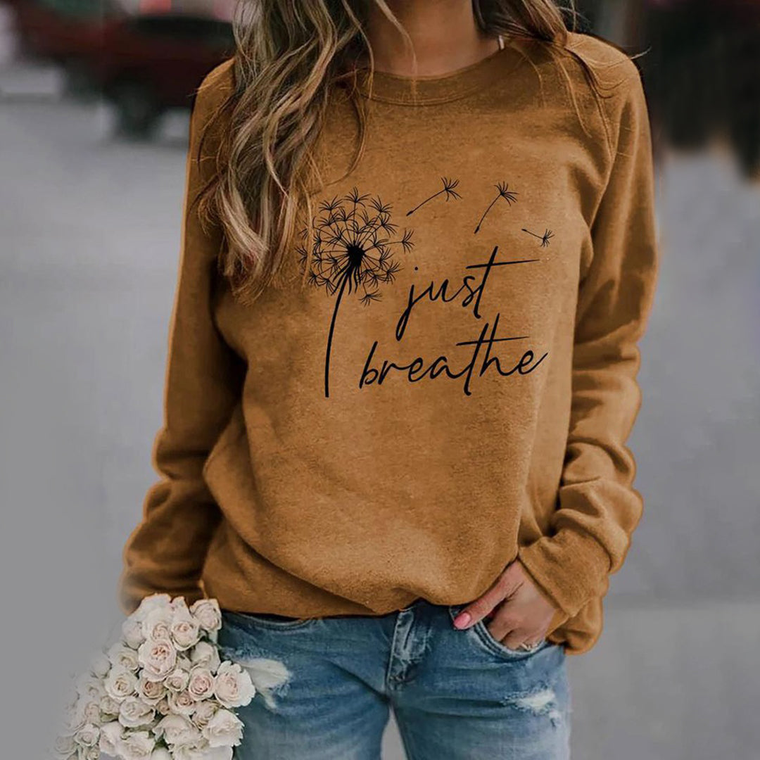Damen Sweatshirt mit Aufdruck "Just Breathe" - Lässig & Bequem-Braun-S-Luzern Mode