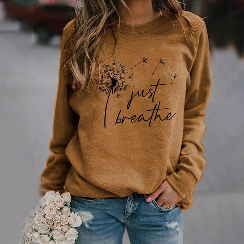 Damen Sweatshirt mit Aufdruck "Just Breathe" - Lässig & Bequem-Braun-S-Luzern Mode