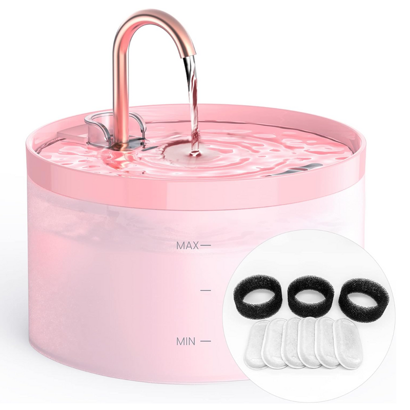 Haustier-Wasserbrunnen | Hund Katze LED Leise Kohlenstofffilter Sauber-Rosa 2L + 6 Filter + 3 Schwämme-Luzern Mode