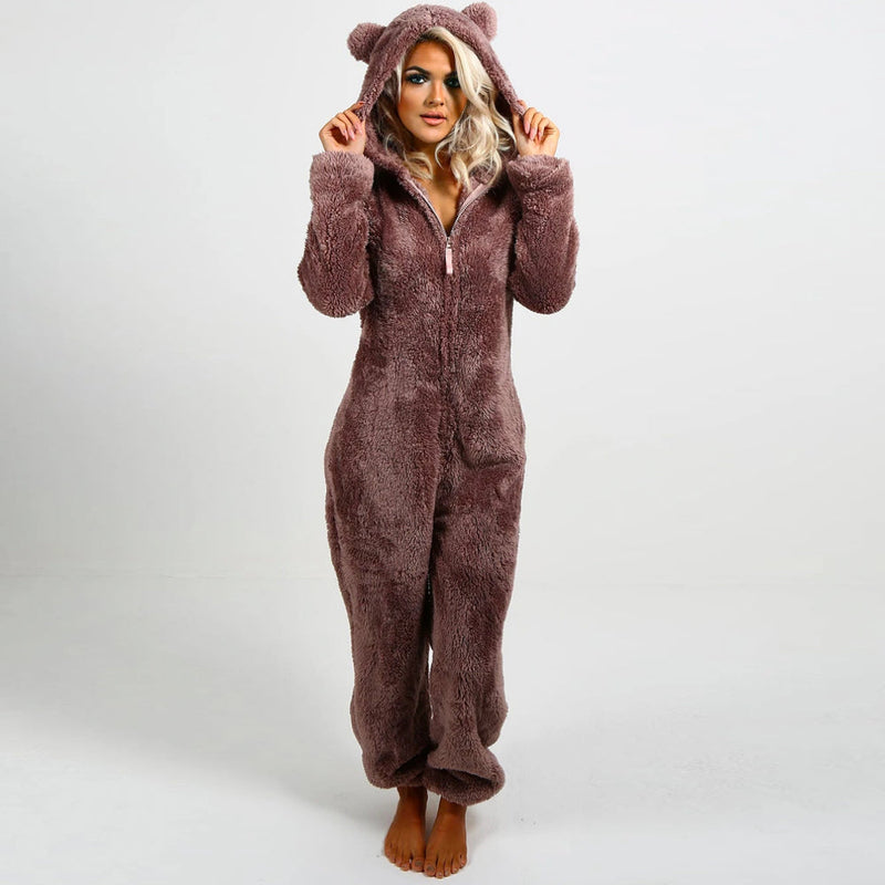 Kuscheliger Fleece-Overall mit Kapuze für Damen und Herren-Braun-S-Luzern Mode