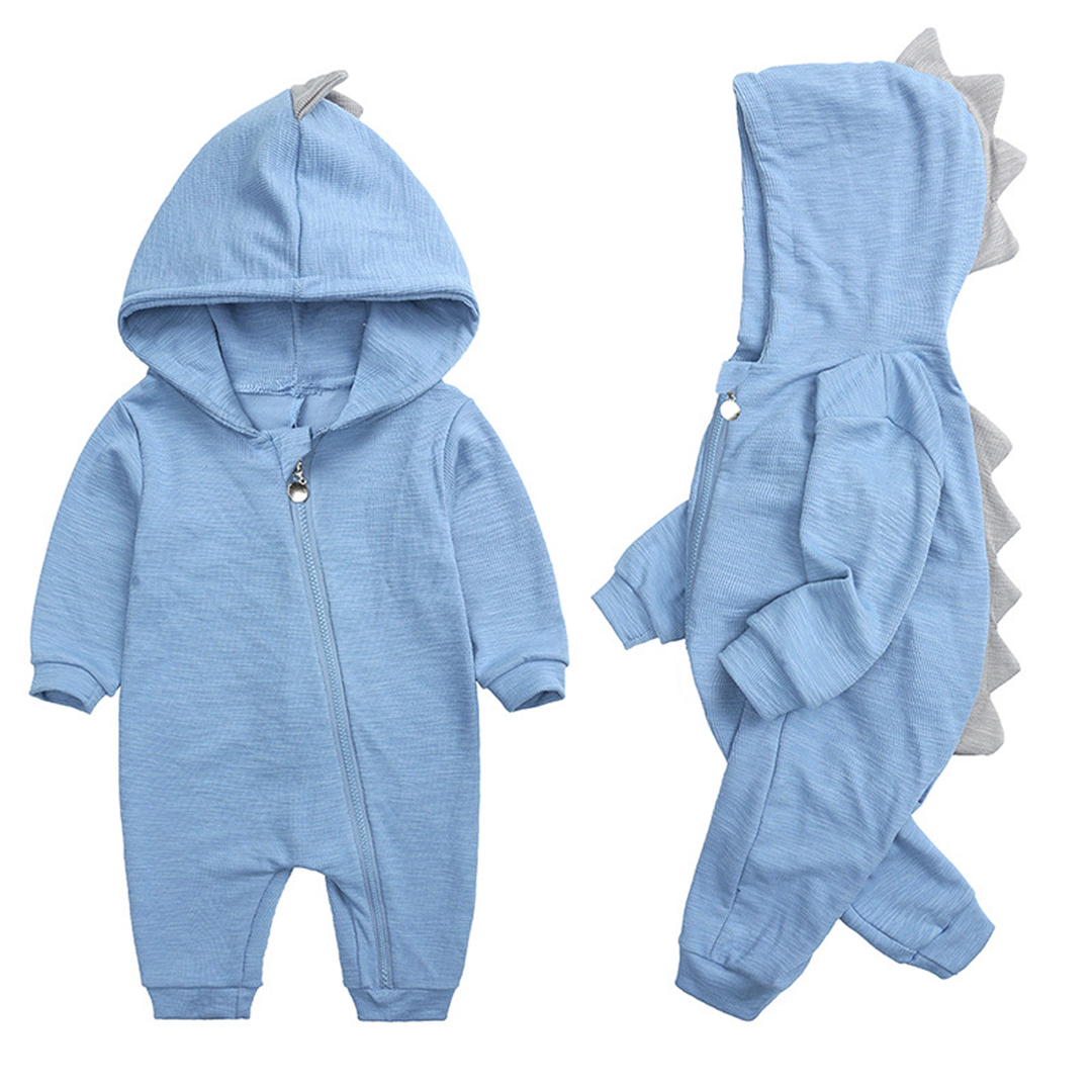 Baby Strampler mit Dinosaurier Kapuze - Weicher Einteiler-Blau-0-3 Monate-Luzern Mode