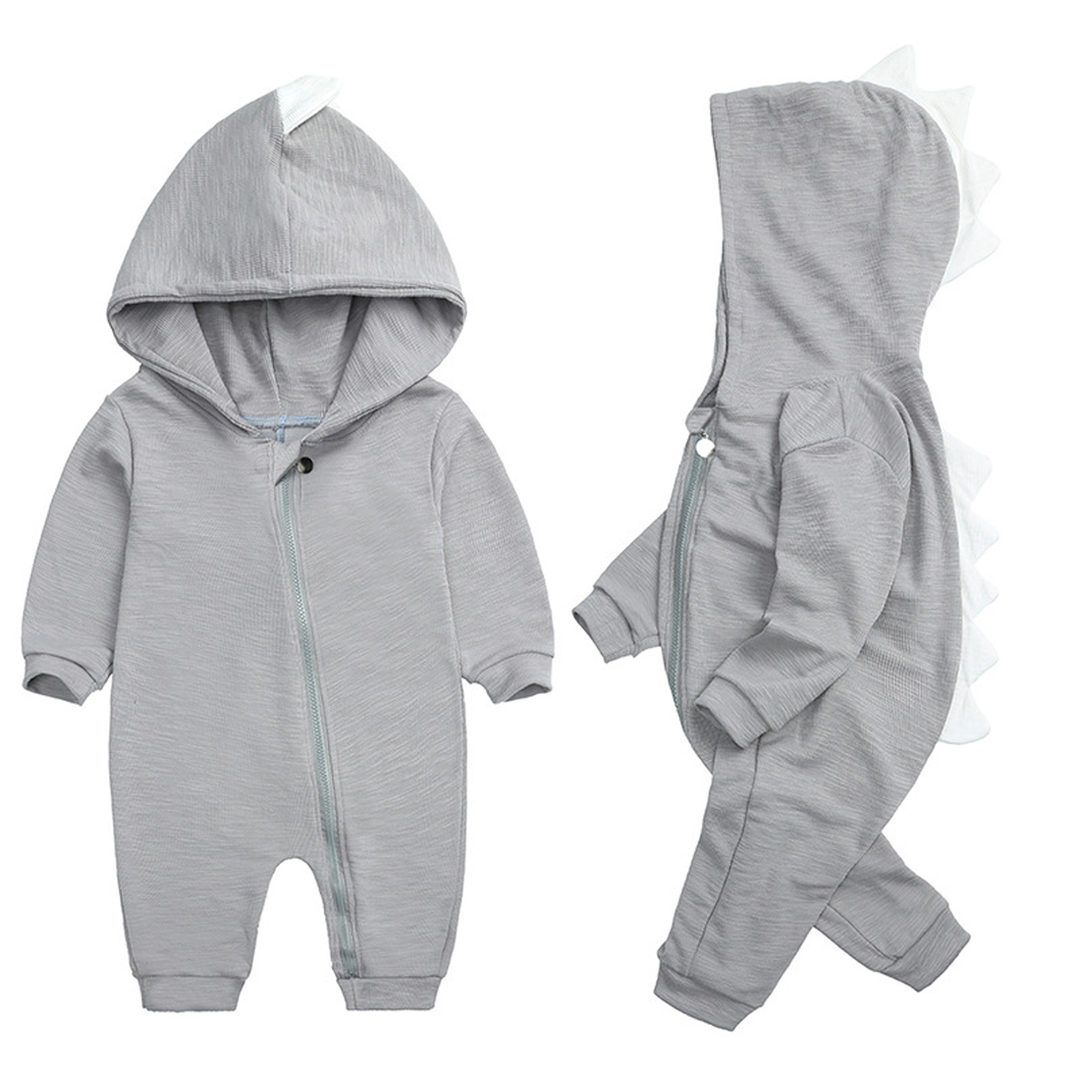 Baby Strampler mit Dinosaurier Kapuze - Weicher Einteiler-Grau-0-3 Monate-Luzern Mode