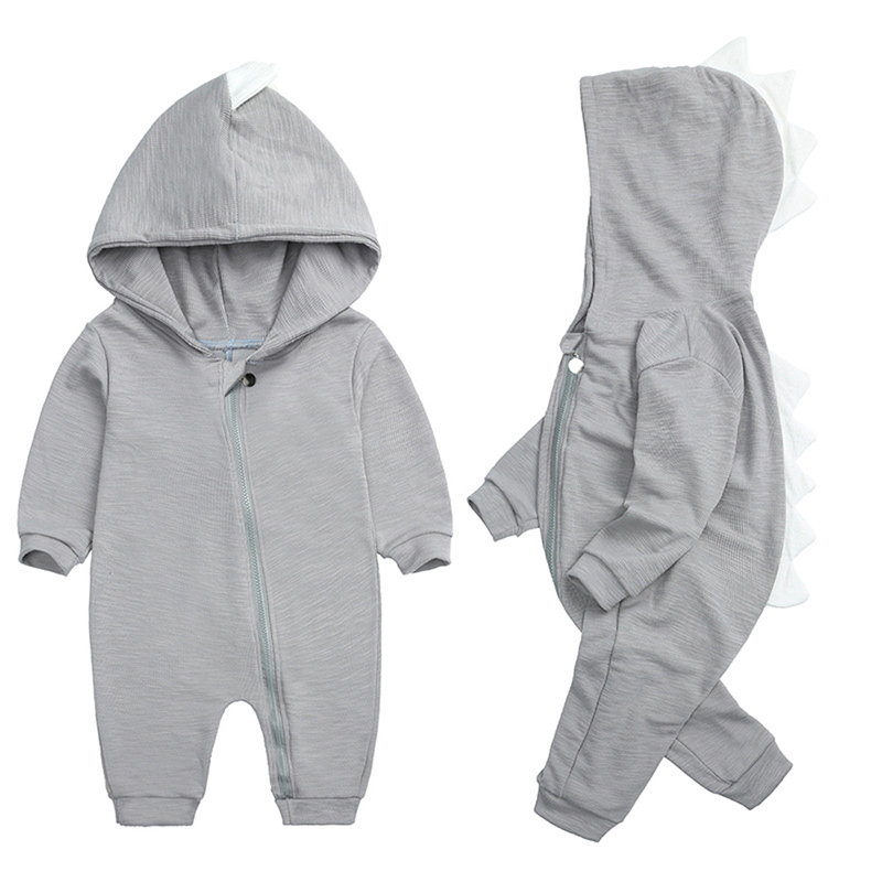 Baby Strampler mit Dinosaurier Kapuze - Weicher Einteiler-Grau-0-3 Monate-Luzern Mode