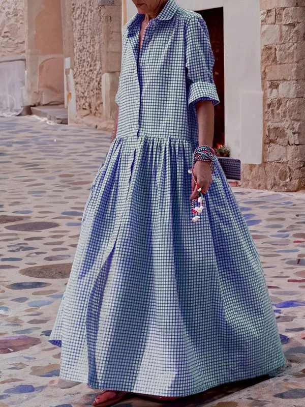 Maxikleid Damen Sommer Langarm Kariert Freizeitkleid-Blau-S-Luzern Mode