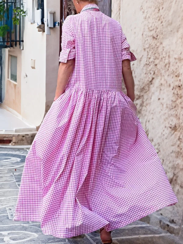 Maxikleid Damen Sommer Langarm Kariert Freizeitkleid-Luzern Mode