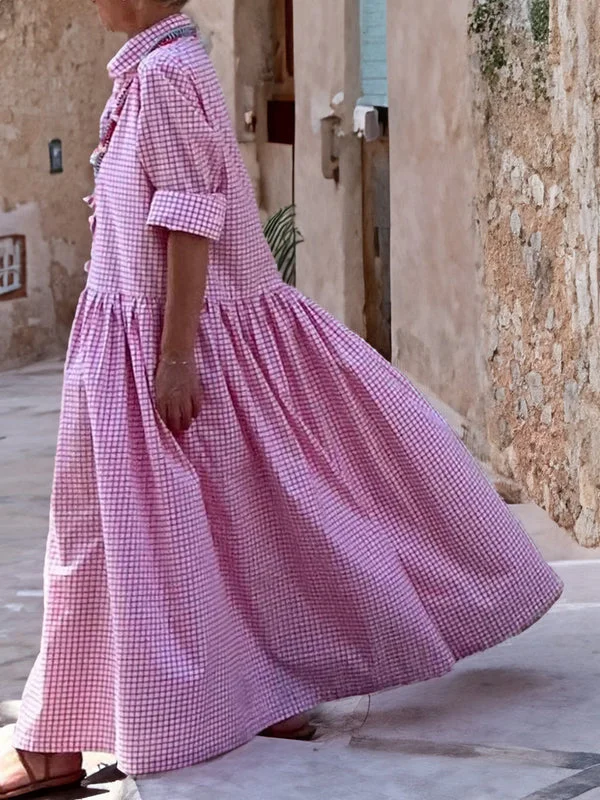 Maxikleid Damen Sommer Langarm Kariert Freizeitkleid-Luzern Mode