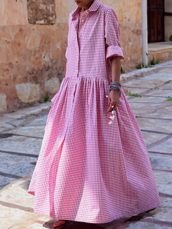 Maxikleid Damen Sommer Langarm Kariert Freizeitkleid-Rosa-S-Luzern Mode