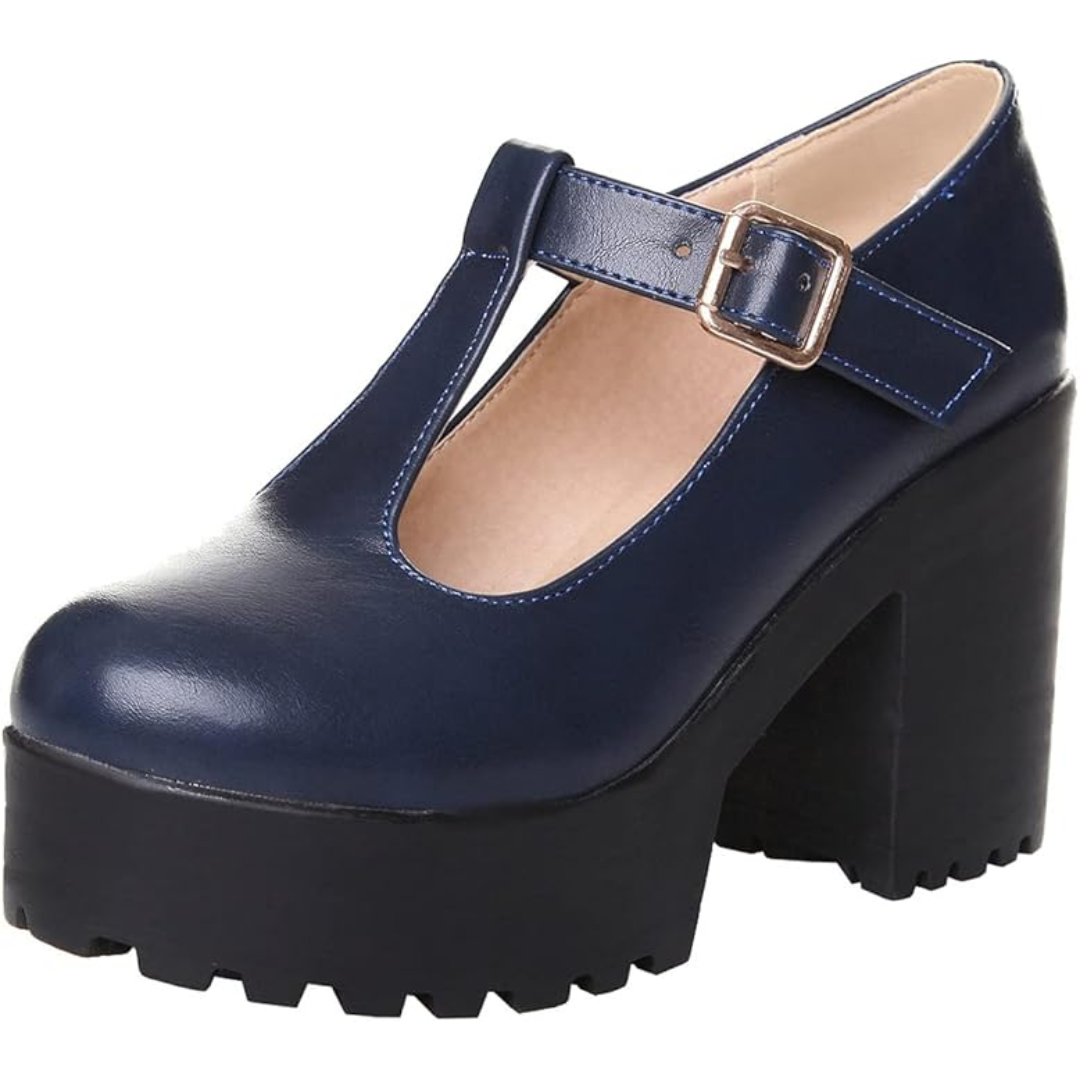 Damen Mary Jane Plateau Schuhe mit Blockabsatz-Marineblau-34-Luzern Mode