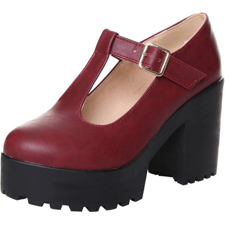 Damen Mary Jane Plateau Schuhe mit Blockabsatz-Rot 1-34-Luzern Mode