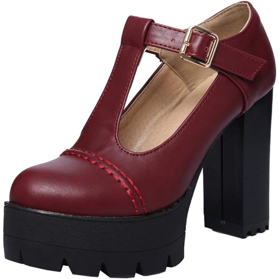Damen Mary Jane Plateau Schuhe mit Blockabsatz-Rot 2-34-Luzern Mode