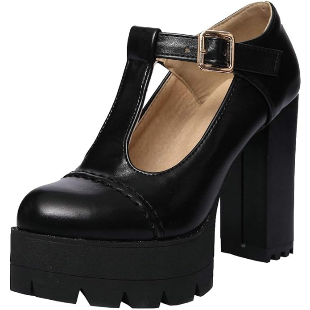 Damen Mary Jane Plateau Schuhe mit Blockabsatz-Schwarz 2-34-Luzern Mode
