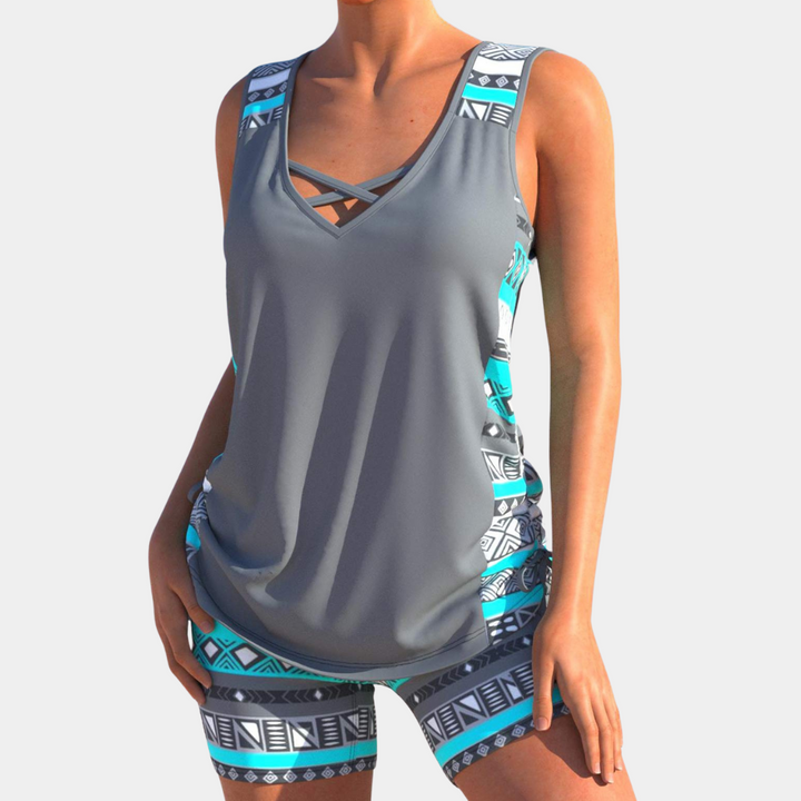 Damen Badeanzug mit Muster - Sportlicher Tankini Set-Grau-XS-Luzern Mode