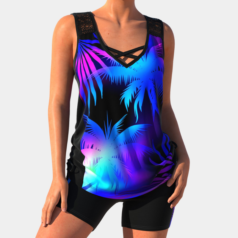 Damen Badeanzug mit Muster - Sportlicher Tankini Set-Schwarz-XS-Luzern Mode