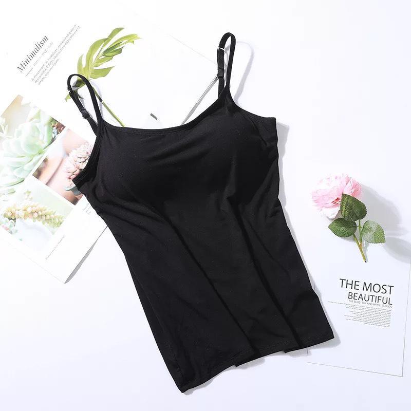 Tanktop mit Eingebautem BH | Verstellbar | Spaghettiträger | Einfarbig-Schwarz-S-Luzern Mode
