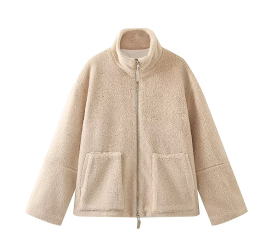 Fleecejacke Damen mit Reißverschluss und Taschen kaufen-Hellbraun-S-Luzern Mode