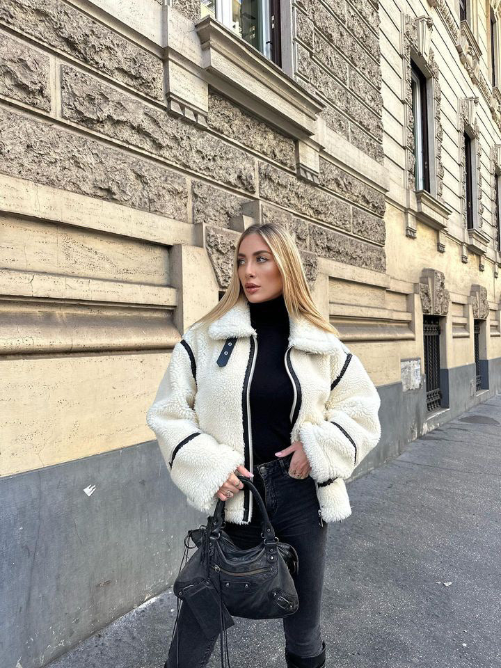 Pilotenjacke Teddystoff | Trendy, Crème, Oversized & Stylisch | Warme Fütterung-Luzern Mode