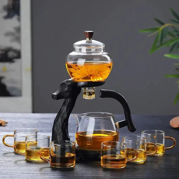 Teeset | Magnetisch Einzigartig Innovativ Modern Langlebig Glas Transparent-Schwarze Teekanne mit 6 Tassen-Luzern Mode