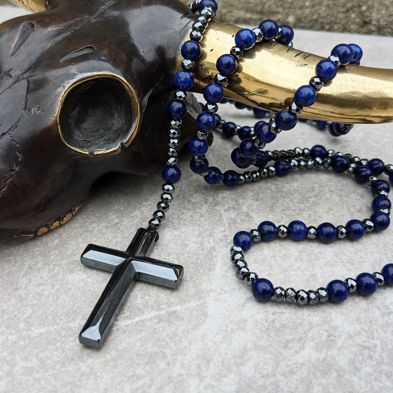 Halskette für Herren | Rosenkranz | Tigerauge | Lapislazuli | Kreuz-Lapislazuli-Luzern Mode