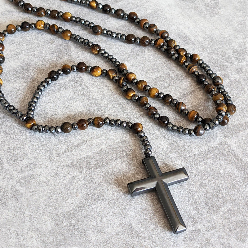 Halskette für Herren | Rosenkranz | Tigerauge | Lapislazuli | Kreuz-Luzern Mode