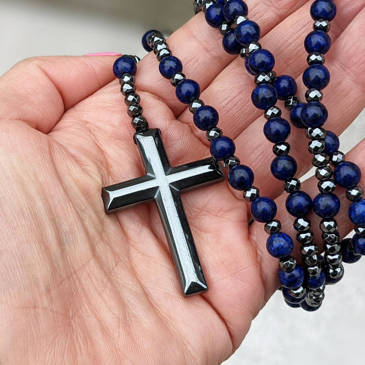 Halskette für Herren | Rosenkranz | Tigerauge | Lapislazuli | Kreuz-Luzern Mode