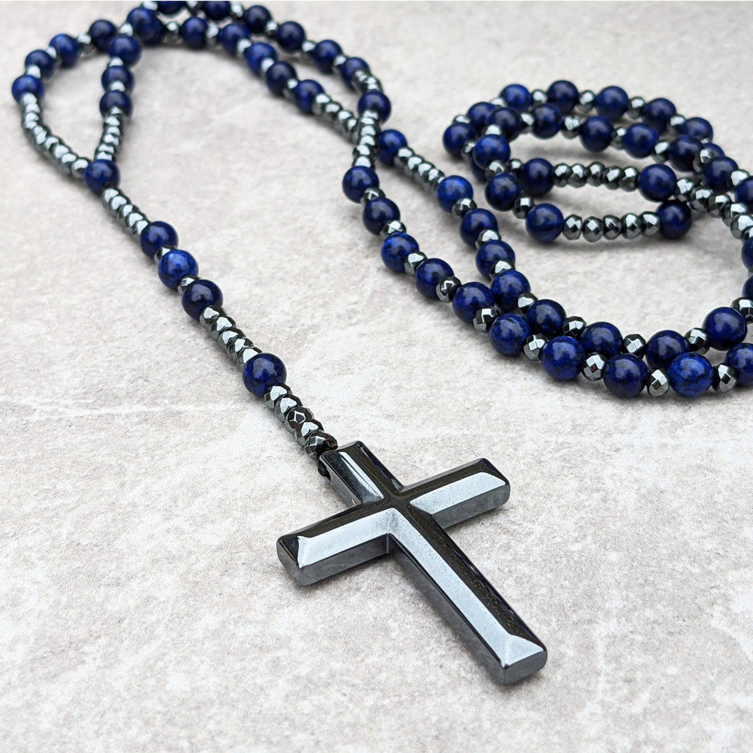 Halskette für Herren | Rosenkranz | Tigerauge | Lapislazuli | Kreuz-Luzern Mode
