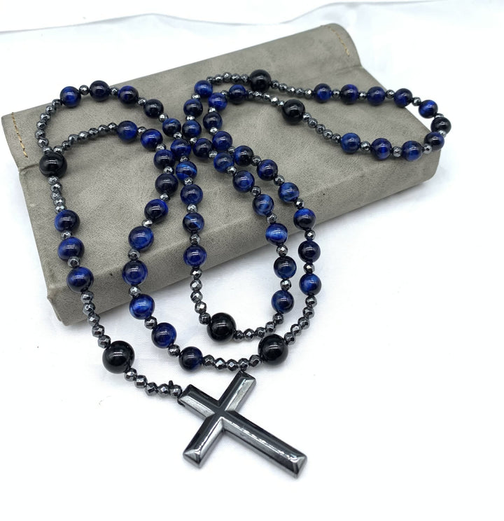 Halskette für Herren | Rosenkranz | Tigerauge | Lapislazuli | Kreuz-Luzern Mode
