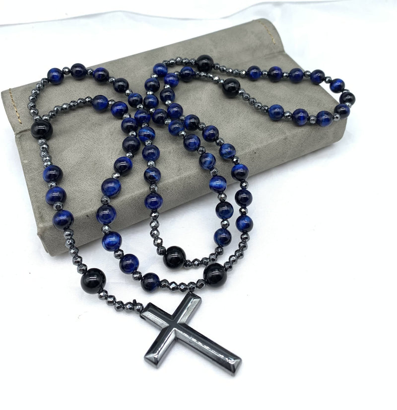 Halskette für Herren | Rosenkranz | Tigerauge | Lapislazuli | Kreuz-Luzern Mode
