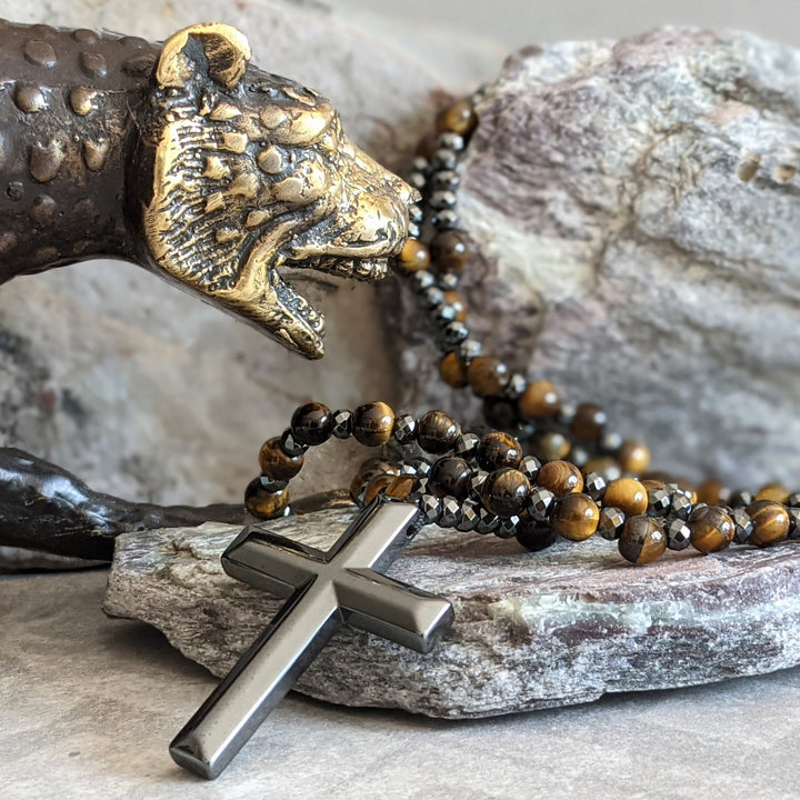 Halskette für Herren | Rosenkranz | Tigerauge | Lapislazuli | Kreuz-Tigerauge-Luzern Mode