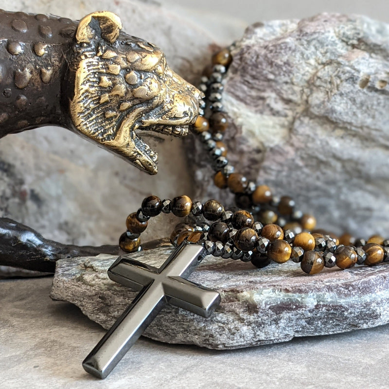 Halskette für Herren | Rosenkranz | Tigerauge | Lapislazuli | Kreuz-Tigerauge-Luzern Mode