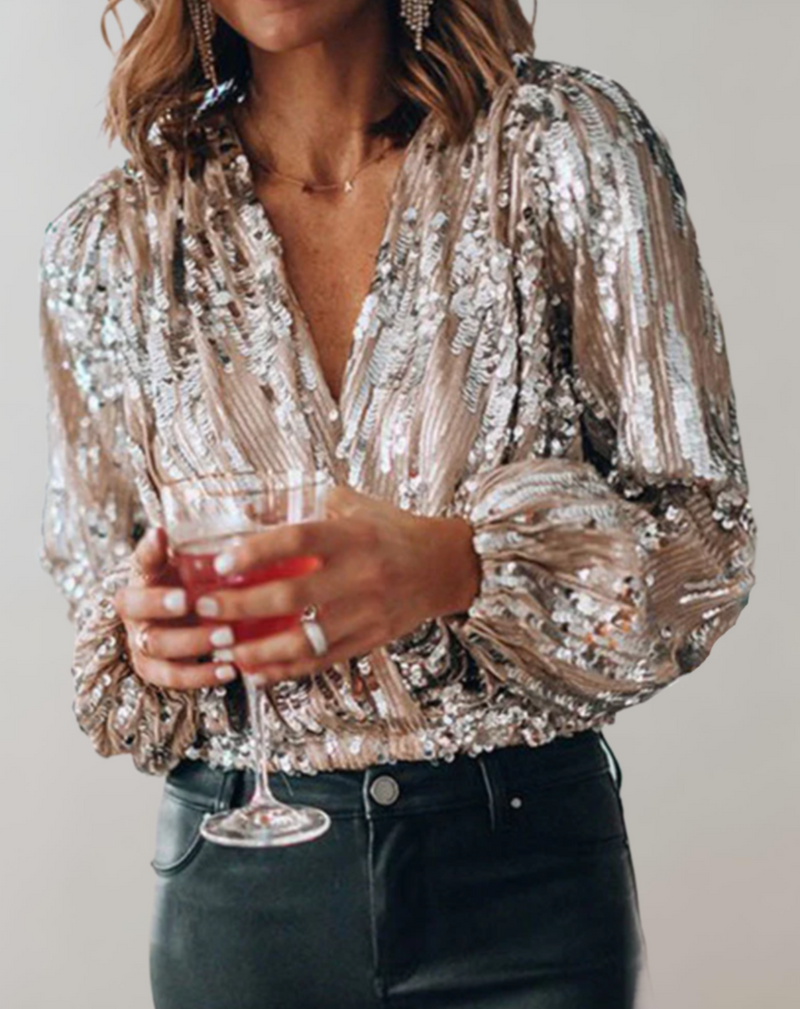 Pailletten Bluse Damen - Elegante Party Mode mit V-Ausschnitt-Luzern Mode