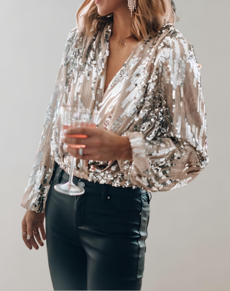 Pailletten Bluse Damen - Elegante Party Mode mit V-Ausschnitt-Luzern Mode