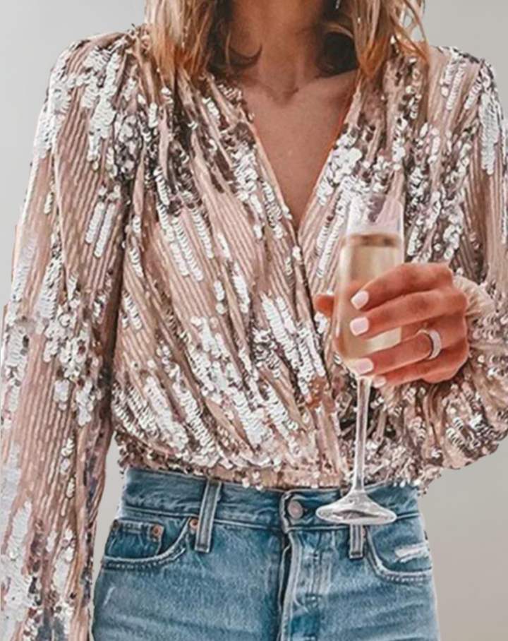 Pailletten Bluse Damen - Elegante Party Mode mit V-Ausschnitt-S-Luzern Mode