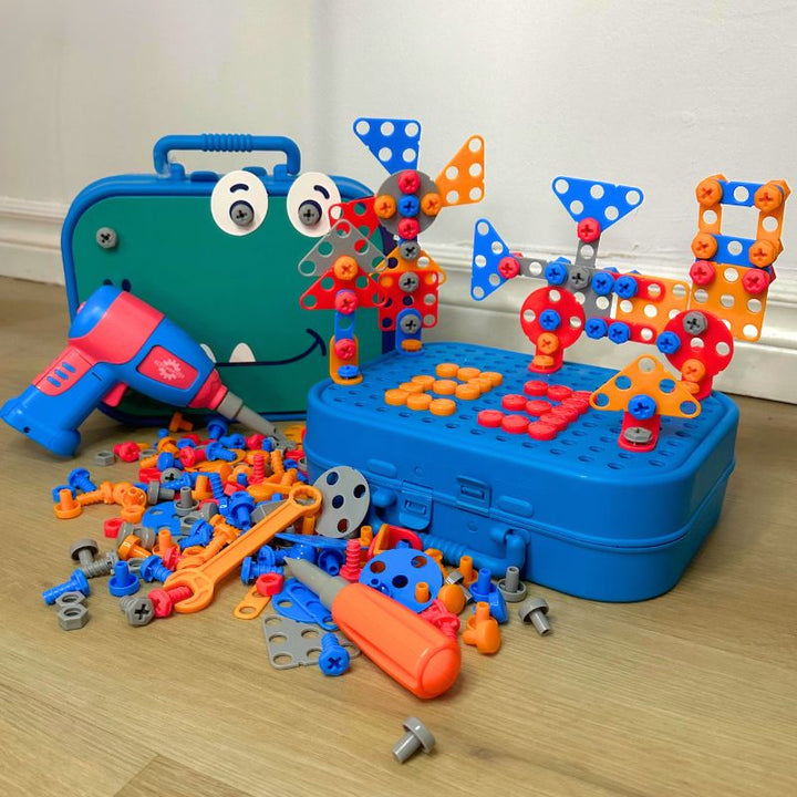 Kinder Baukoffer Set | 351 Blöcke | Bohrmaschine | Interaktiv | 3+-Luzern Mode