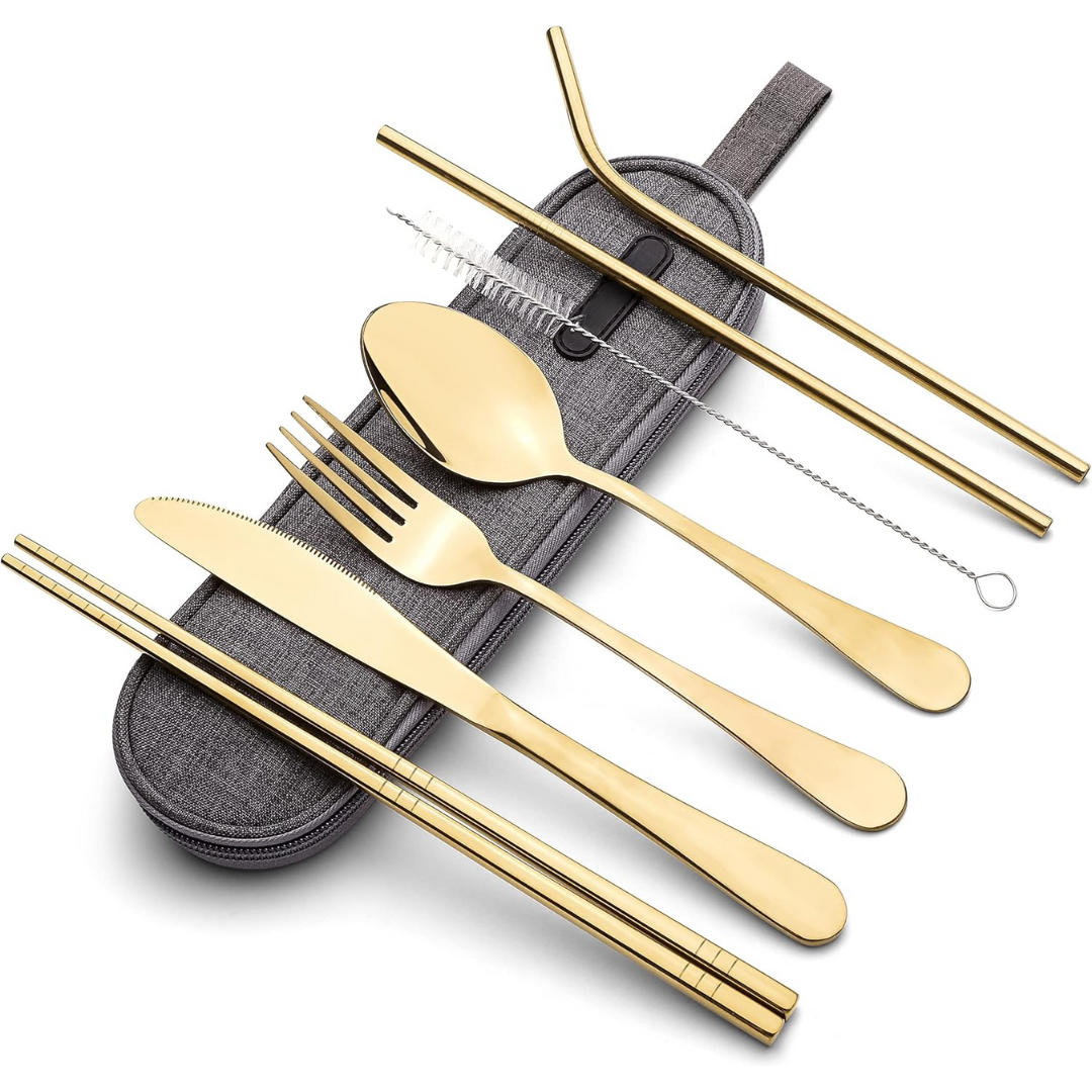 Reisebesteckset | Kompakt Praktisch 5-teilig Edelstahl mit Hülle-Gold-Luzern Mode