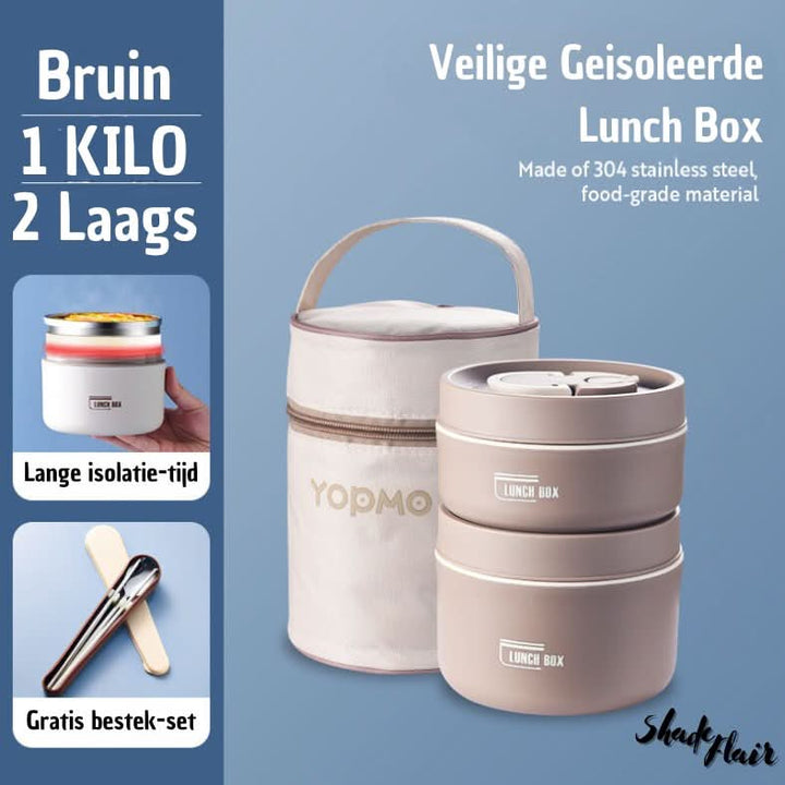 Mahlzeitenbehälter-Set | Tragbar Isoliert Praktisch Langlebig Auslaufsicher-Braun-2 Behälter + Tasche + KOSTENLOSES Besteckset-Luzern Mode