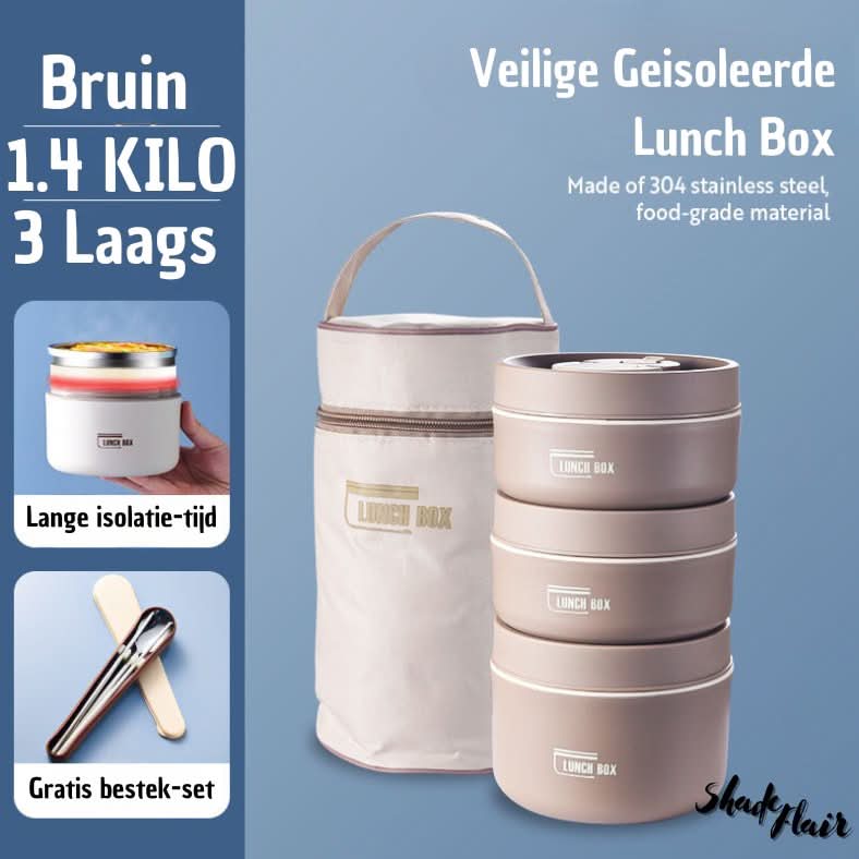 Mahlzeitenbehälter-Set | Tragbar Isoliert Praktisch Langlebig Auslaufsicher-Braun-3 Behälter + Tasche + KOSTENLOSES Besteckset-Luzern Mode