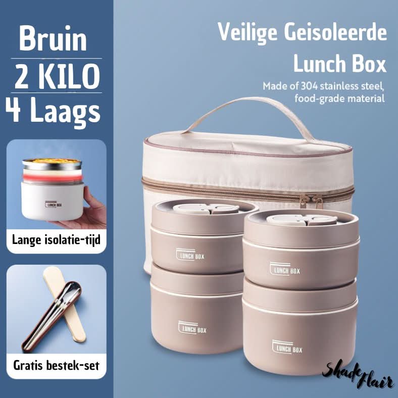 Mahlzeitenbehälter-Set | Tragbar Isoliert Praktisch Langlebig Auslaufsicher-Braun-4 Behälter + Tasche + KOSTENLOSES Besteckset-Luzern Mode