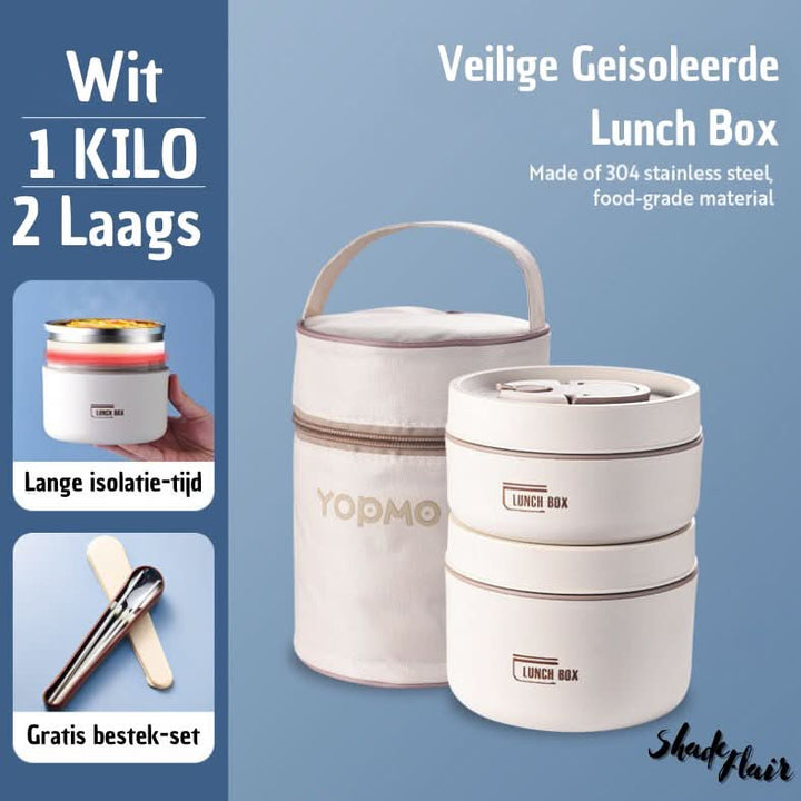 Mahlzeitenbehälter-Set | Tragbar Isoliert Praktisch Langlebig Auslaufsicher-Weiß-2 Behälter + Tasche + KOSTENLOSES Besteckset-Luzern Mode