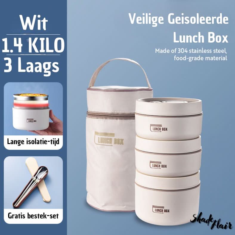 Mahlzeitenbehälter-Set | Tragbar Isoliert Praktisch Langlebig Auslaufsicher-Weiß-3 Behälter + Tasche + KOSTENLOSES Besteckset-Luzern Mode