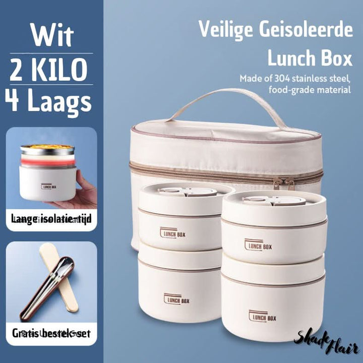 Mahlzeitenbehälter-Set | Tragbar Isoliert Praktisch Langlebig Auslaufsicher-Weiß-4 Behälter + Tasche + KOSTENLOSES Besteckset-Luzern Mode
