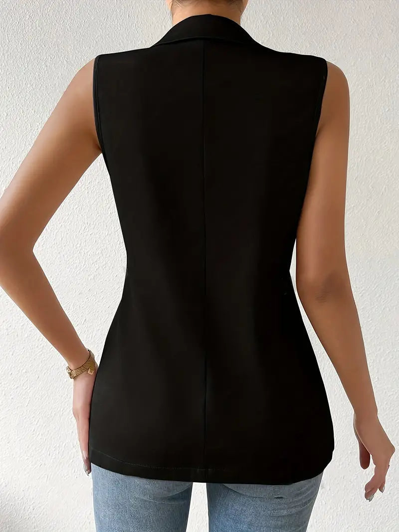 Schwarze Damen Blazer | Ärmellos | Baumwolle | V-Ausschnitt | Knopf | Uni-Luzern Mode