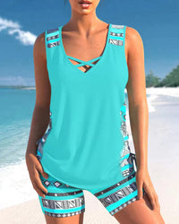 Tankini Damen Sommer | V-Ausschnitt | Geometrisches Muster | Bequem | Strand-Cyan-S-Luzern Mode