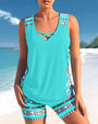 Tankini Damen Sommer | V-Ausschnitt | Geometrisches Muster | Bequem | Strand-Cyan-S-Luzern Mode