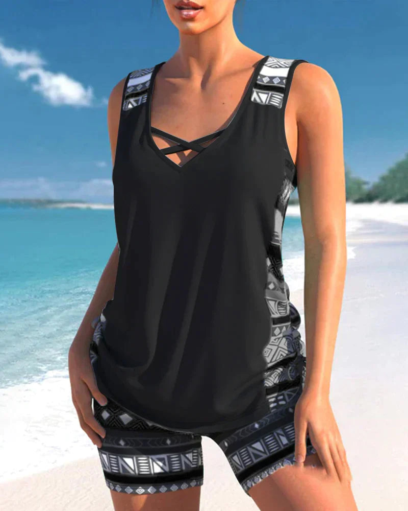 Tankini Damen Sommer | V-Ausschnitt | Geometrisches Muster | Bequem | Strand-Luzern Mode