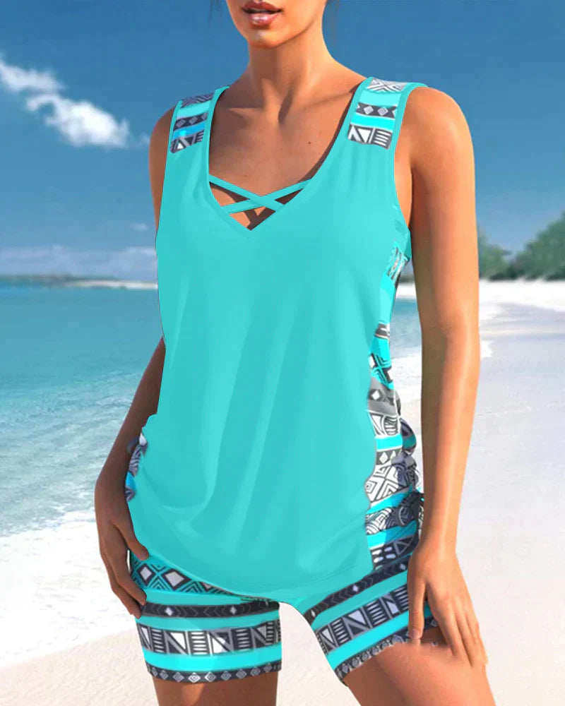 Tankini Damen Sommer | V-Ausschnitt | Geometrisches Muster | Bequem | Strand-Luzern Mode