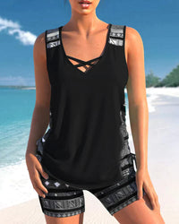 Tankini Damen Sommer | V-Ausschnitt | Geometrisches Muster | Bequem | Strand-Schwarz-S-Luzern Mode