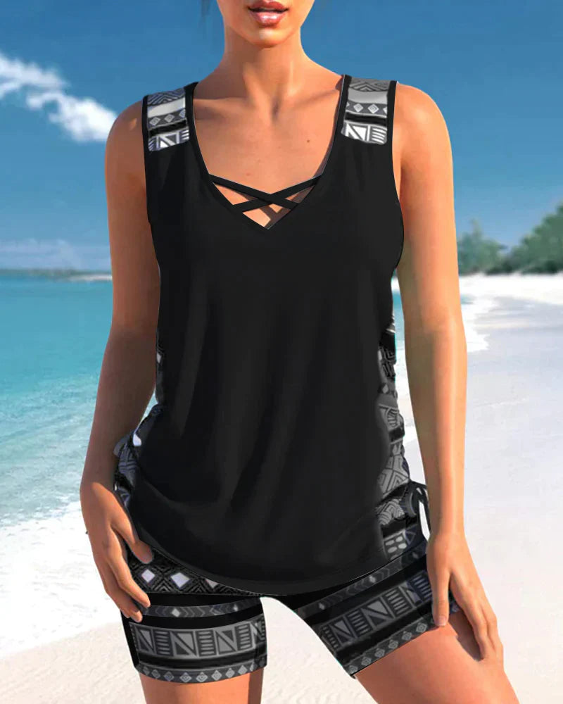 Tankini Damen Sommer | V-Ausschnitt | Geometrisches Muster | Bequem | Strand-Schwarz-S-Luzern Mode