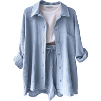 Damen Zomerset | Baumwolle | 2-teilig | Kurz | Bluse | Locker sitzend-Blau-S-Luzern Mode
