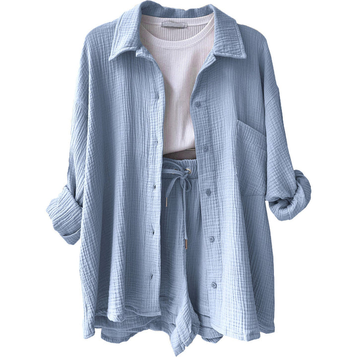 Damen Zomerset | Baumwolle | 2-teilig | Kurz | Bluse | Locker sitzend-Blau-S-Luzern Mode
