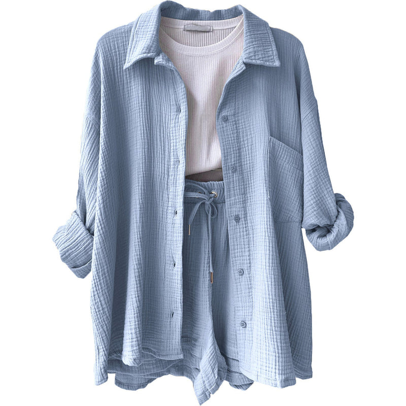 Damen Zomerset | Baumwolle | 2-teilig | Kurz | Bluse | Locker sitzend-Blau-S-Luzern Mode